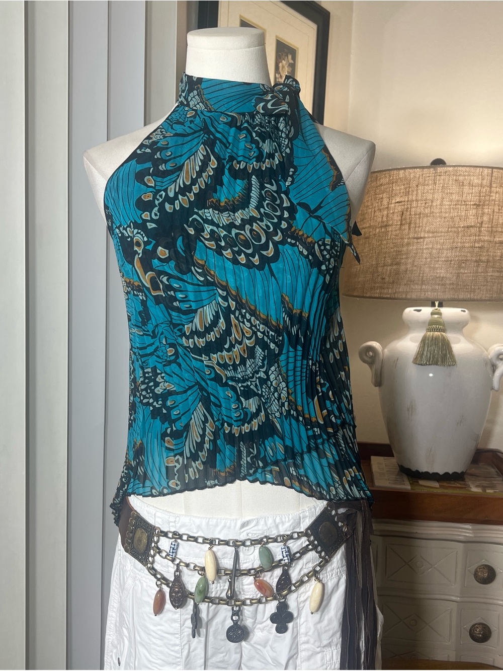 Y2K Bebe Butterfly Plisse Tie Neck Sleeveless Top